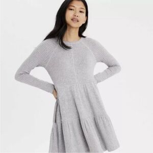 AE American Eagle Womens Tiered Babydoll Dress Size S Long Sleeve Soft Gray NWT